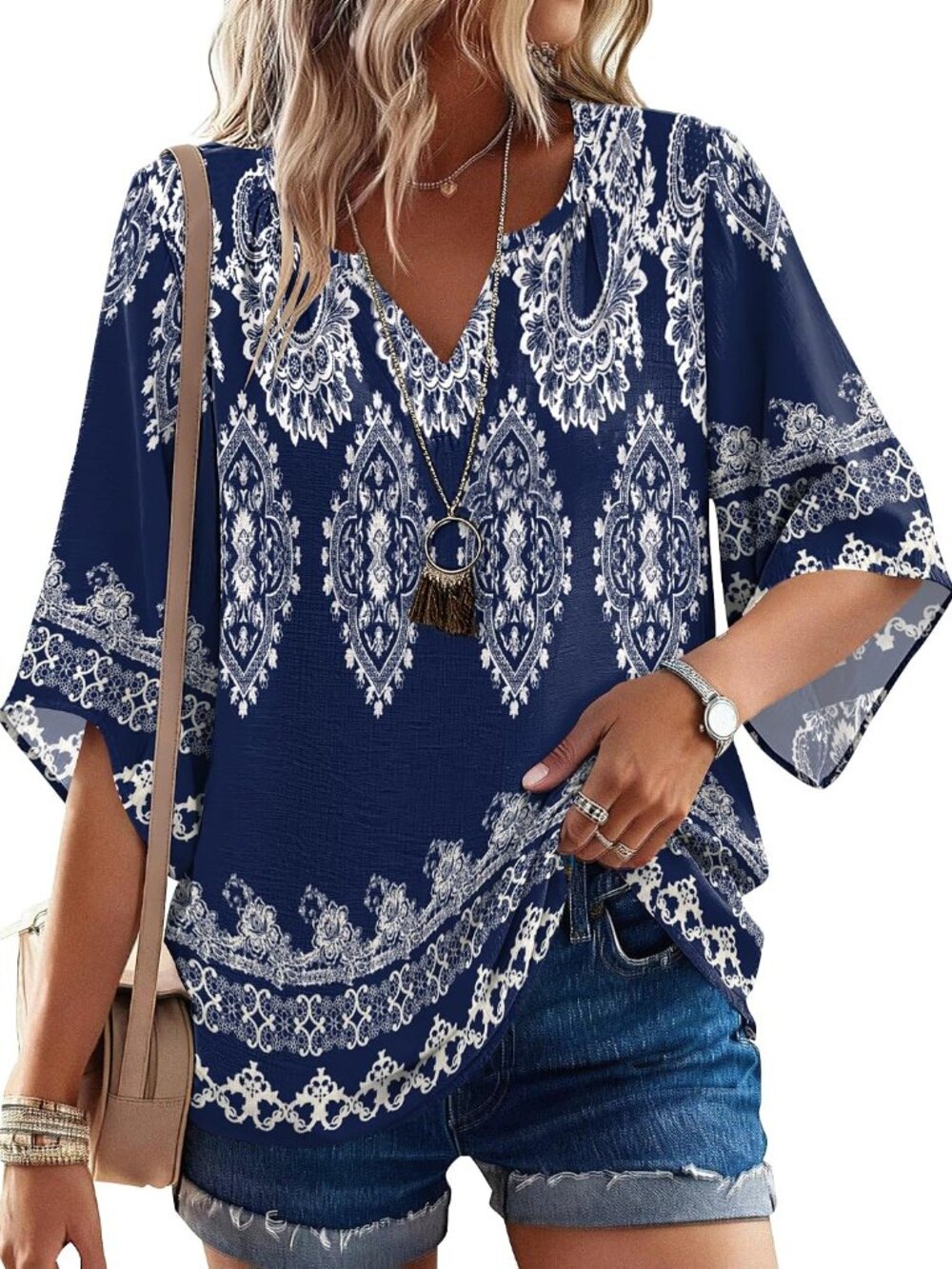 Women's 3/4 Length Sleeve Boho Tops V Neck Casual Vacation Clothes Loose Fit Tun